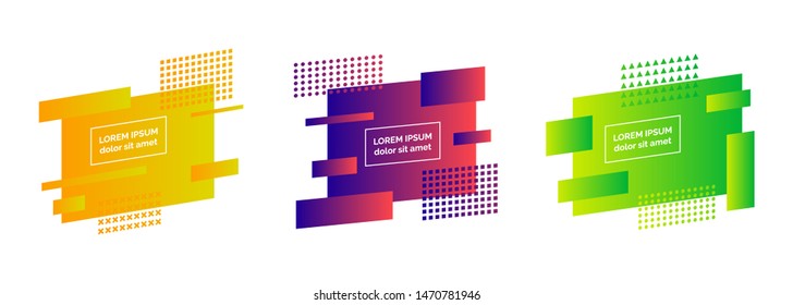 Set of three geometric colorful abstract badges. Modern graphic element. Trendy dynamical gradient minimal design. Vector illustration