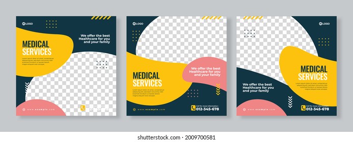 Set of three geometric fluid background of medical service banner social media pack template premium vector