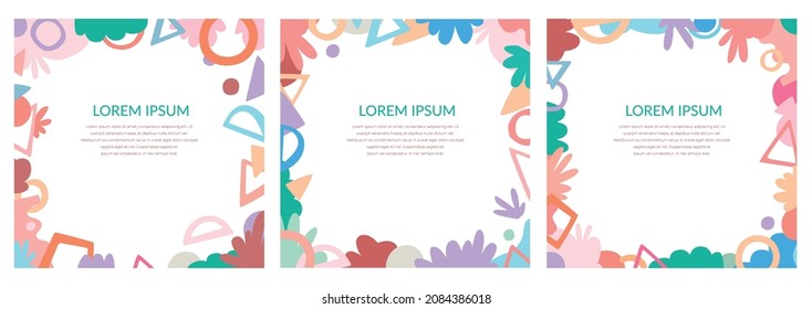 A set of three geometric frames with text. Trendy abstract frames. Template for invitations, business cards, sites. Hand drawn vector illustration isolated on white background.