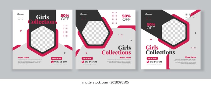Set of three geometric hexagonal background of kids fashion sale banner social media pack with pink grey black color template premium vector