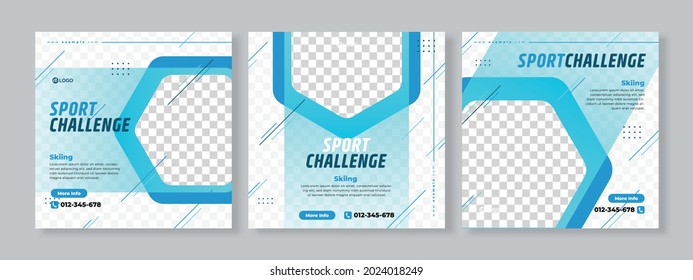 Set of three geometric hexagonal background of Sport Challenge skiing banner social media pack template premium vector