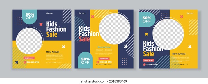 Set Of Three Geometric Memphis Background Of Kids Fashion Sale Banner Social Media Pack With Blue Yellow Color Template Premium Vector