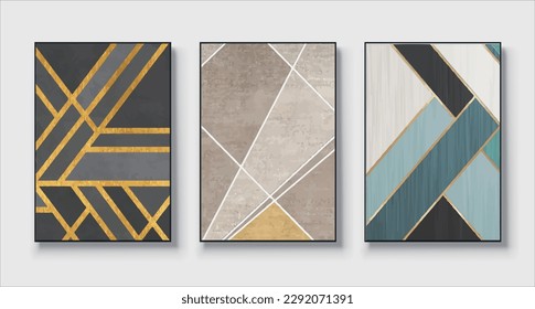 Conjunto de tres cuadros geométricos, arte abstracto, minimalismo creativo, ilustración de mano, vector, para decoración de paredes, papel pintado, afiche, tarjeta, mural, alfombra, colgante, impresión