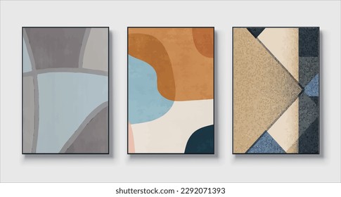 Set of three geometric paintings, abstract art, creative minimalism, hand drawn illustration, vector, for wall decor, wallpaper, poster, card, mural, carpet, hanging, print