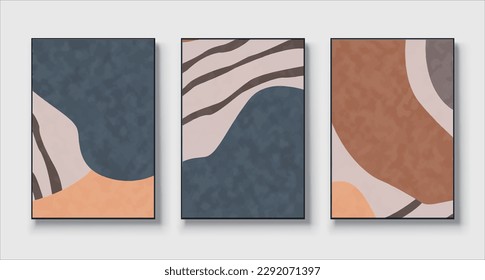 Set of three geometric paintings, abstract art, creative minimalism, hand drawn illustration, vector, for wall decor, wallpaper, poster, card, mural, carpet, hanging, print
