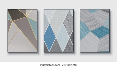 Set of three geometric paintings, abstract art, creative minimalism, hand drawn illustration, vector, for wall decor, wallpaper, poster, card, mural, carpet, hanging, print