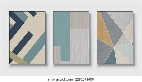 Set of three geometric paintings, abstract art, creative minimalism, hand drawn illustration, vector, for wall decor, wallpaper, poster, card, mural, carpet, hanging, print