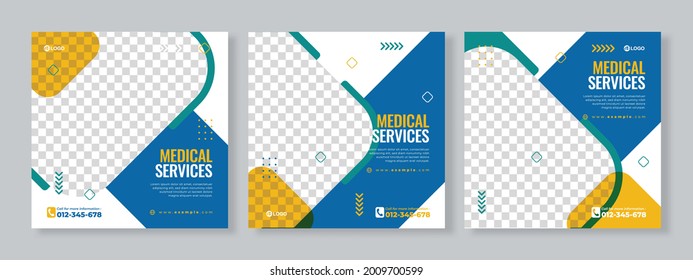 Set of three geometric rounded square background of medical service banner social media pack template premium vector