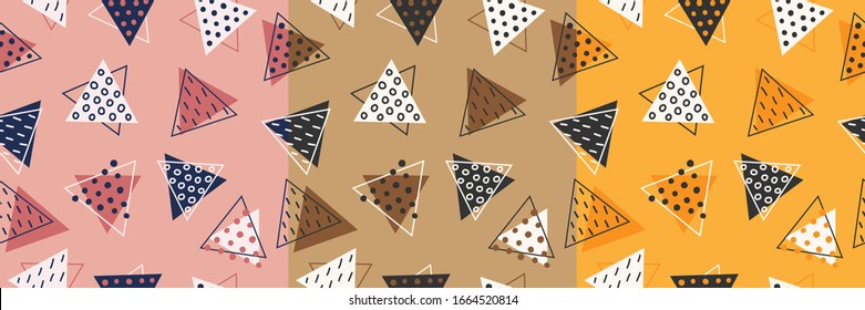 Set of three geometric seamless patterns. Modern design, pink, brown, orange. Triangles, circles, lines.