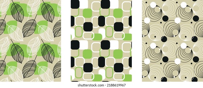 Set of three geometric seamless  patterns. Disign with black, white, green geometric round and square shapes and leaves on bedge background. Vector illustration. 