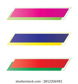 A set of three geometric slanted rectangle banners featuring vibrant pink, blue, and red colors with contrasting layered bottom sections, presented as isolated graphic elements for design layouts.