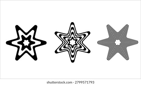 A set of three geometric star icons featuring hypnotic wavy line patterns.