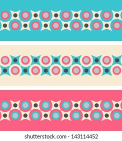 Set of three geometrical patterned borders in retro colors, seamless vector background