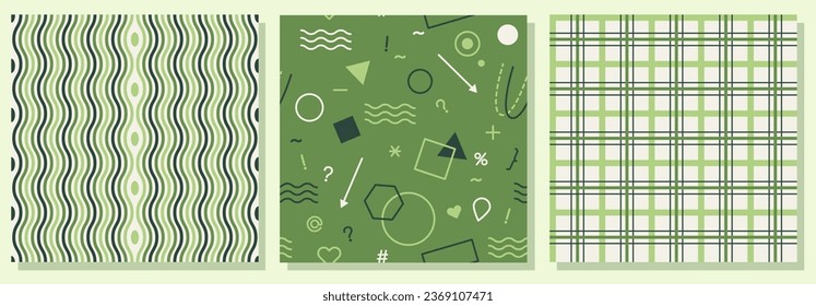 Set of three geometris vector seamless green pattern