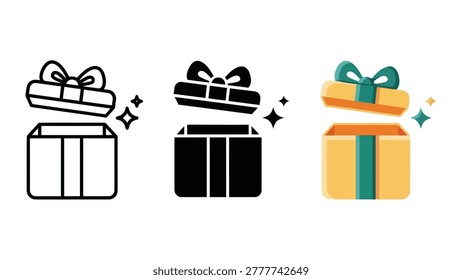 A set of three gift box illustrations showing different styles: line art, solid silhouette, and a colorful flat design. Each box is open with a ribbon and bow, and sparkles indicate a surprise.