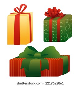 Set of three gift boxes. Red, green, yellow gift box valentine, merry christmas. doorprize vector illustration.