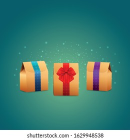 Set of three gift boxes tied with a red, blue and purple elegant ribbon and bow.