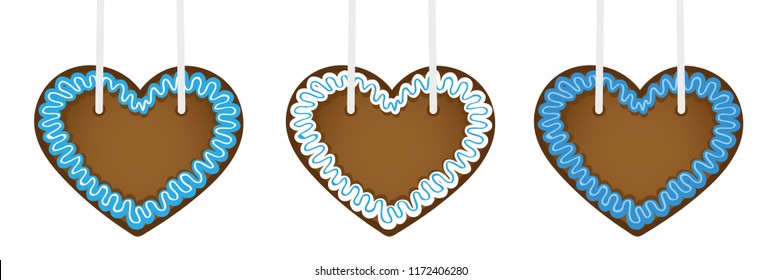 set of three gingerbread hearts in different blue colors vector illustration EPS10