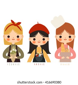 set of three girl with different professions. cute little artist, baker and florist