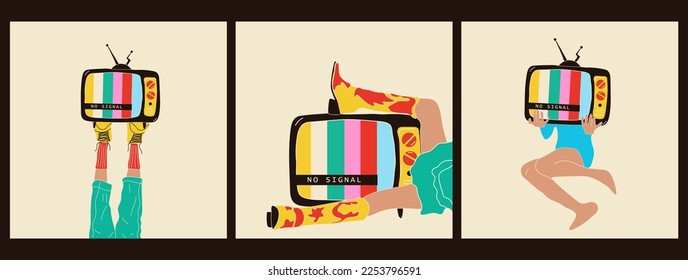 Set of three Girl holds an old tv in her legs .Retro fashion style from 80s. Vector illustrations in trendy colors.