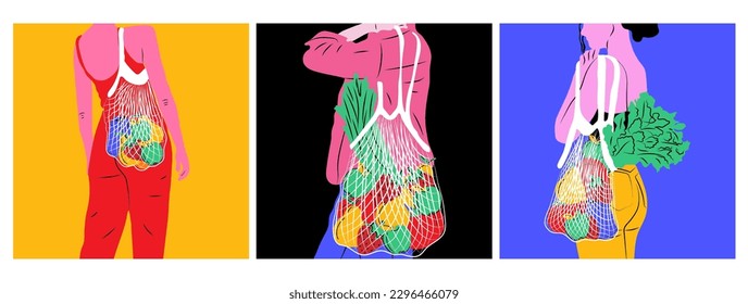 Set of three Girls with eco shopper.Vector in cartoon style. Zero waste products for shopping vector concept	