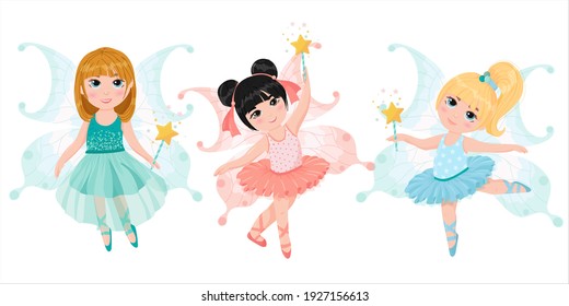 A set of three girls fairies. Cute little fairies. Ballerinas in costumes of fairies with wings. A magical creature. Vector illustration isolated on white background.