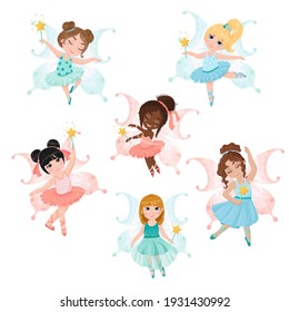 A set of three girls fairies. Cute little fairies. Ballerinas in costumes of fairies with wings. A magical creature. Vector illustration isolated on white background.