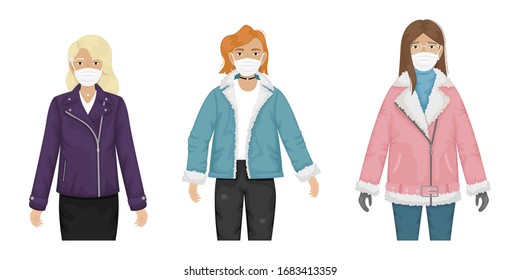 A set of three girls in fashionable clothes and protective masks against viruses. Prevention of the coronavirus epidemic.
