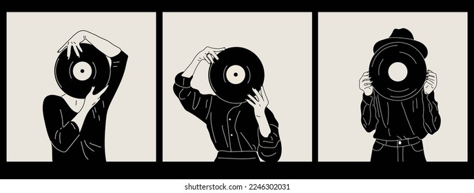 Set of three Girls holds an old vinyl record in her hands .Retro fashion style from 80s. Vector illustrations in black and white colors.	