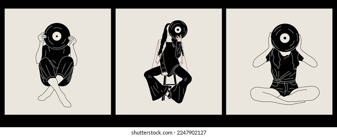 Set of three Girls holds an old vinyl record in her hands .Retro fashion style from 80s. Vector illustrations in black and white colors.	