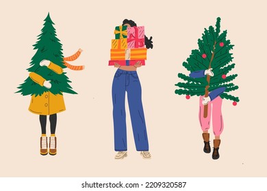 Set of three Girls that are carry christmas tree on white background isolated. Vector illustration	