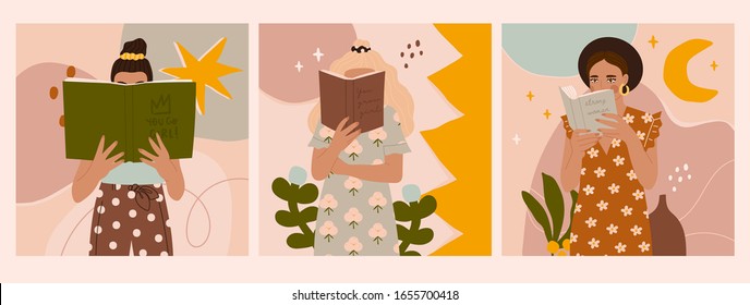 Set of three Girls that are reading Books while standing. Young women. Beautiful dresses with prints. Read more books concept. Hand drawn Vector isolated trendy illustrations with abstract backgrounds