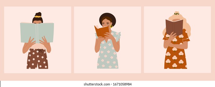 Set of three Girls that are reading Books while standing. Young women. Beautiful dresses with prints. Read more books concept. Hand drawn Vector trendy illustration. Pastel colors