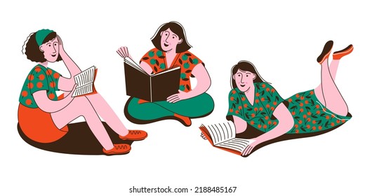 Set of three girls that are reading books. Young women. Read more books concept. Reading club. Leisure and education concept.