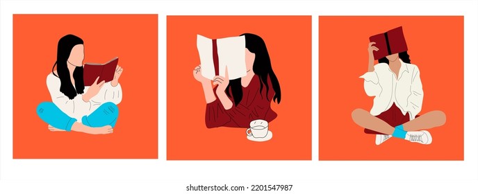 Set of three Girls that are reading Books while standing. Young women. Read more books concept. Hand drawn Vector isolated trendy illustrations 