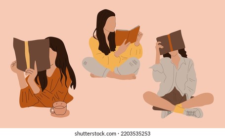 Set Of Three Girls That Are Reading Books. Young Women. Read More Books Concept. Hand Drawn Vector Isolated Trendy Illustrations