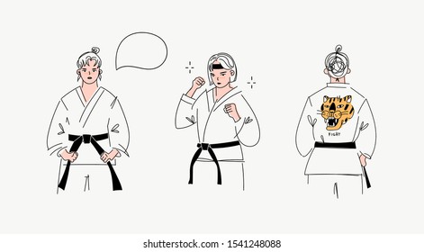 Set of three girls or women in kimono. Hand drawn trendy vector illustrations isolated on a white background. Japanese martial art. Speech bubble. Karate mom. Sporty woman. Tiger on back