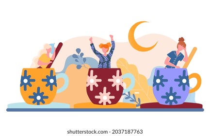 Set of three girls. Women leaning out of mugs. Beautiful patterns, abstract images. Graphic elements for site. Wallpaper for phone and computer. Flat vector illustration isolated on white background