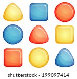 Set of three glass convex buttons, circle, triangle, square. Red, blue and yellow colors. Isolated on white background.