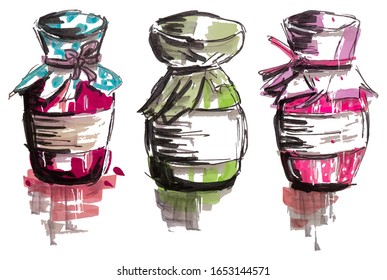 Set of three glass jar with jam, hand drawn marker sketch eps10 vector illustration isolated on white.
