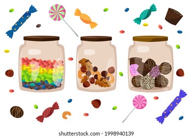 Un conjunto de tres jarrones de cristal con diferentes rellenos aislados en un fondo blanco. Bolas de azúcar, diversas nueces, chocolates, chupetes. Dulces para los niños. Ilustración vectorial. 