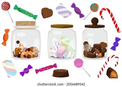 A set of three glass jars with different fillings isolated on a white background. Marshmallow, various nuts, chocolates, lollipops,christmas candy. Sweets for children. Vector illustration.