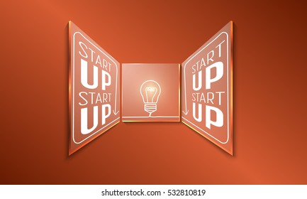 Set of three glass panels and the words start up