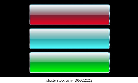 Set of three glass transparent beautiful vector buttons with a silvery metallic frame for clicks, pressing blue, red, green buttons icons for a website on a black background. Vector illustration