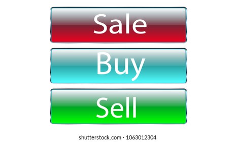 Set of three glass transparent beautiful vector buttons for pressing the sale, buy, sell red, blue, green buttons icons for the site on a white background. Vector illustration.