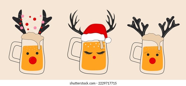 Set of three Glasses of beer with Christmas accessories. Santa hat, deer horns. Vector