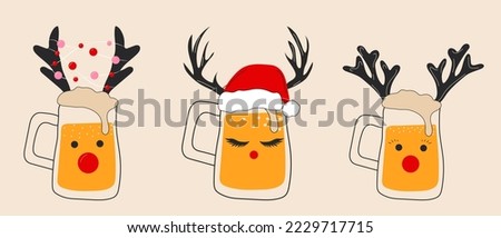 Set of three Glasses of beer with Christmas accessories. Santa hat, deer horns. Vector