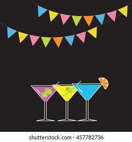 Set of three glasses with different cocktails. Triangle paper flags. Black background. Colorful flag set hanging on rope. Cocktail party card. Flat design. Vector illustration