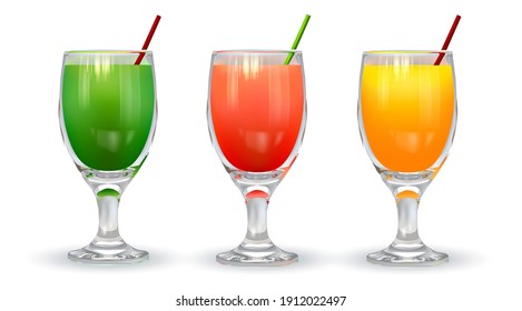 Set of three glasses with different fruit and tropical juices (orange, strawberry, kiwi) on a white background. Vector.