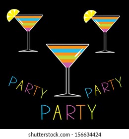 Set of three glasses of martini on black background. Cocktail party card. Vector illustration